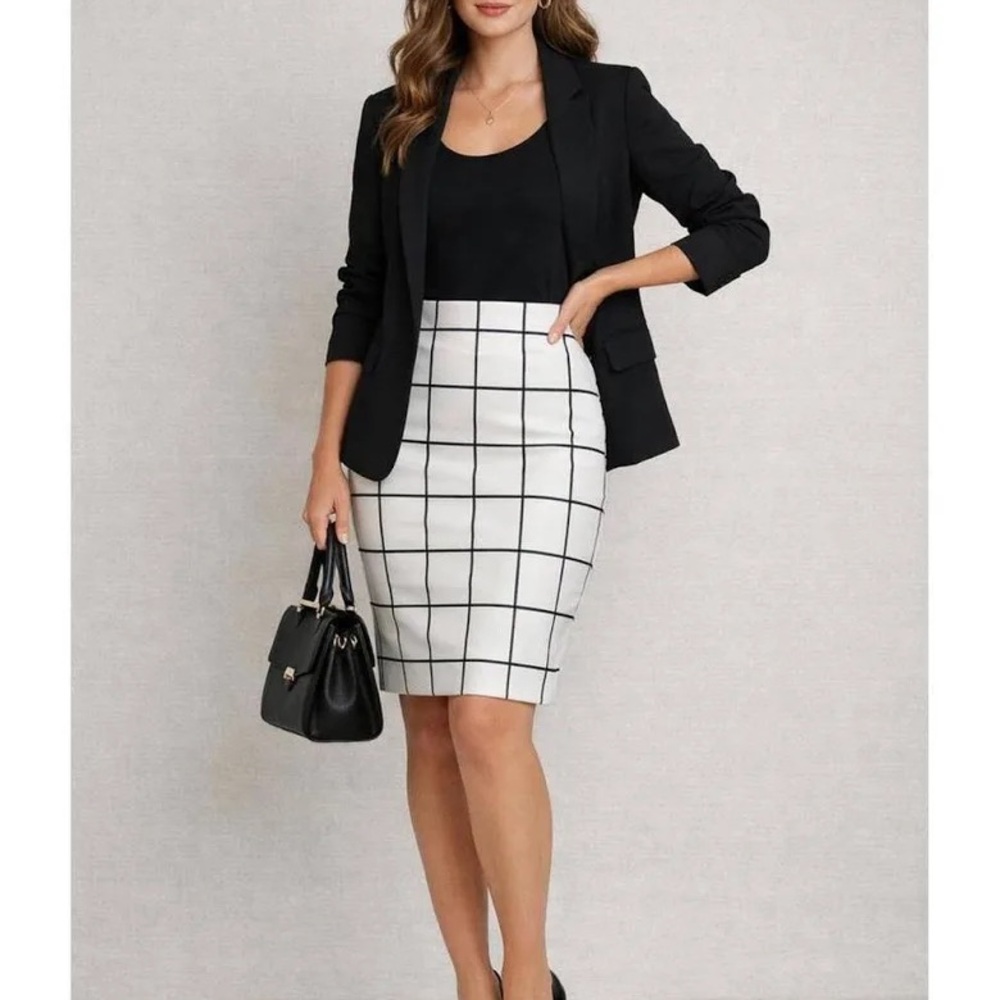 Express White Pencil Skirt with Black Windowpane Grid